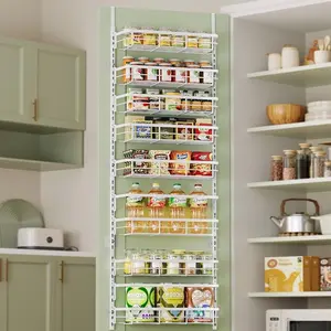 8 Layer Adjustable Universal Fit Over The Door Hanging Organizer with 2 Hook Sets, White Carbon Steel Cabinet Door Storage Rack for Spice & Kitchen Supplies