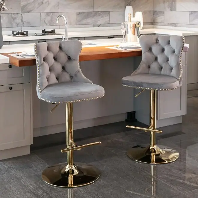 Set of 2 Adjustable Swivel Counter Height Bar Stools - Upholstered Cushion Stools, Modern Velvet Fabric Mid-Century Armless Chairs with Button & Nailheads Trim, Gold for Kitchen Island Pub (Black/Grey), Modern Chairs, Adjustable Swivel Barstools