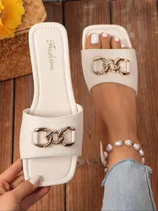 Women's Fashionable Chain Decorated Slide Sandals, Casual Trendy Flat Open Toe Sandals for Summer, Trending Shoes, Elegant Fashionable Sandals