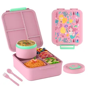 Kids' Insulated Bento Lunch Box Set with 8oz Soup Thermos, 4-Compartment Hot Food Jar, Blue Tin Canister & Tableware - Home Supplies Storage Box for School, Travel