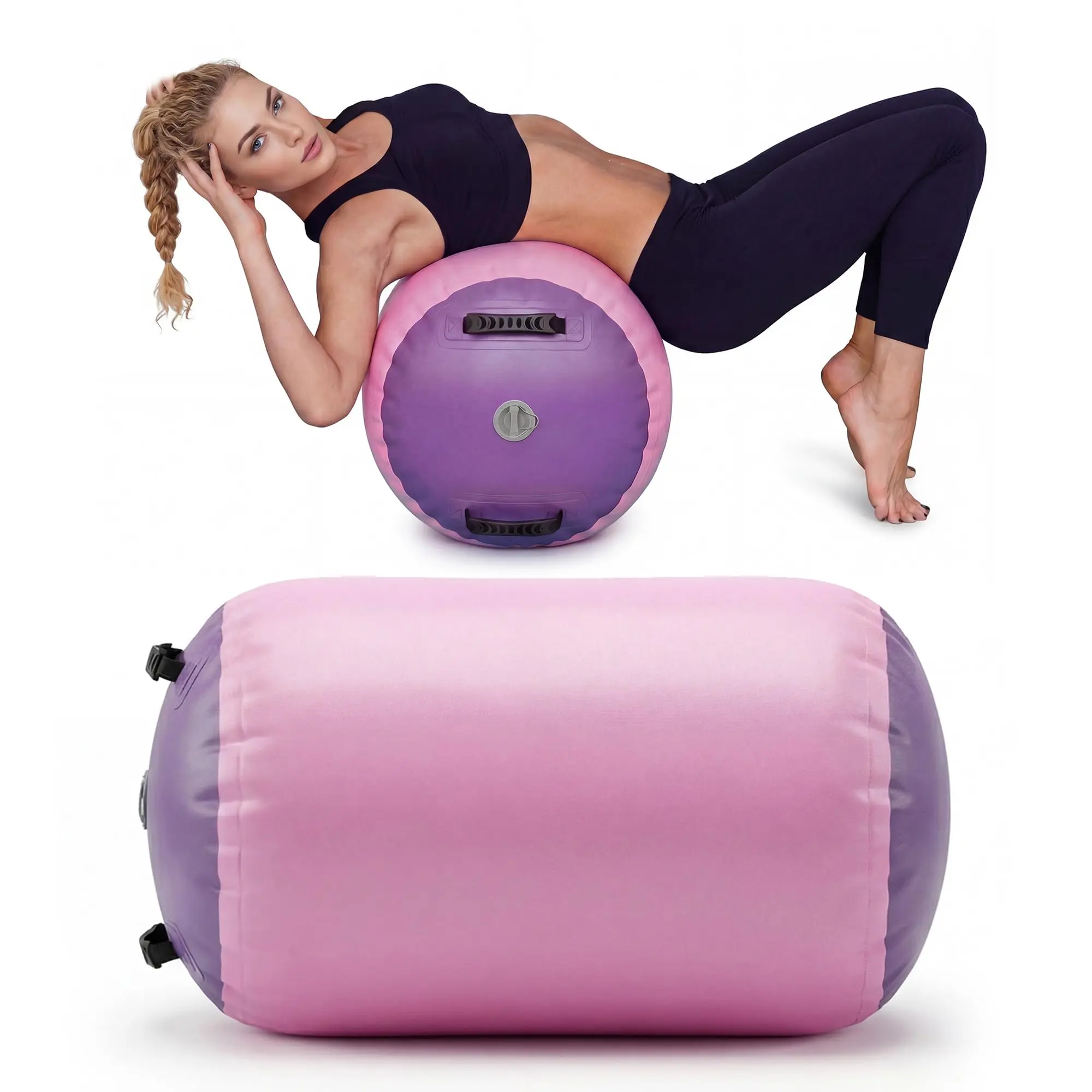 Inflatable Gymnastics Air Roller Barrel, Gymnastics Air Roller Air Barrel Inflatable Tumbling Mat, Tumble Track Backhandspring Mat Gymnastic Equipment for Yoga Training Cheerleading Home Use, 20in x 20in x 31in, Pink