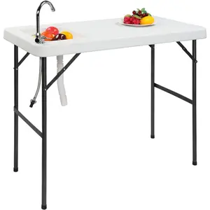 Fish Cleaning Table, Portable Folding Camping Table, 45" HDPE Outdoor Fish Cleaning Station with Sink, 360° Stainless Steel Faucet, Drainage Hose, Working platform for Camping, Food Handling Summervibes