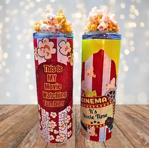 Stainless Steel 20 Oz Popcorn Tumbler with Removable Magnetic Lid, Faux Popcorn Topper, BPA Free, Printed Design, Ideal for Movie Lovers - Straw, Bottled, Flasks, Washable, Mug, Portable, Dye, Reusable, Cup