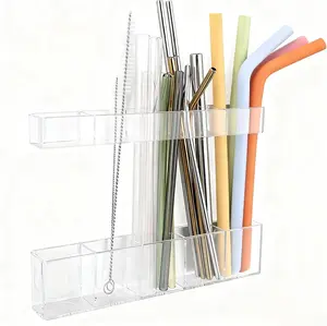 Straw Holder for Cabinet Door - Child-Safe Organizer & Dispenser with Smooth Rounded Edges for Kitchen Accessories Storage, Adhesive Circles Included (Clear Transparent)