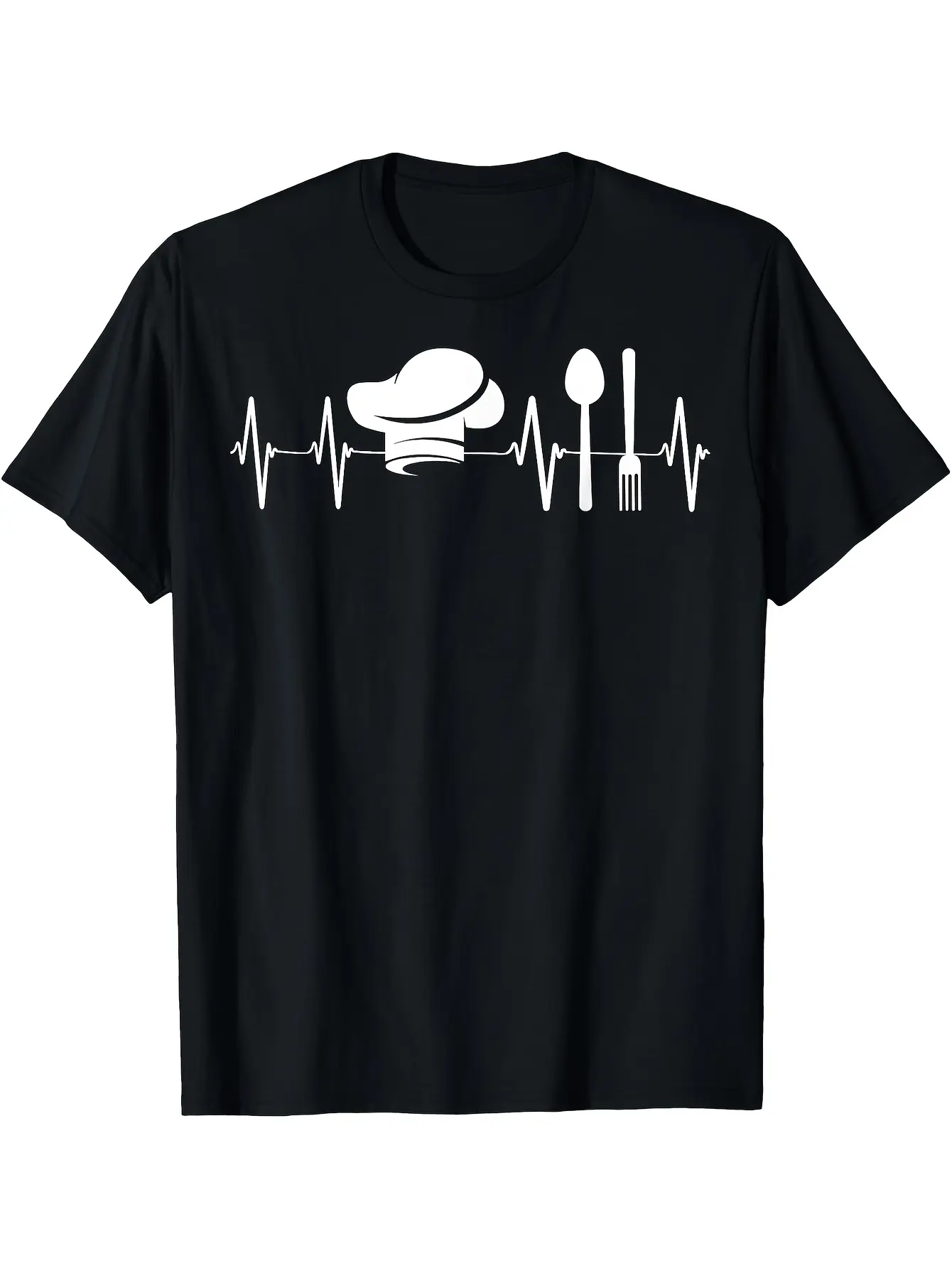 Funny Chef Cooking Heartbeat Graphic T-Shirt - Black with White Kitchen Design - Soft Breathable Cotton Crew Neck Tee for Chefs, Home Cooks - Machine Washable Apparel Gift for Foodies, Casual Wear, Comfortable Fit Shirt
