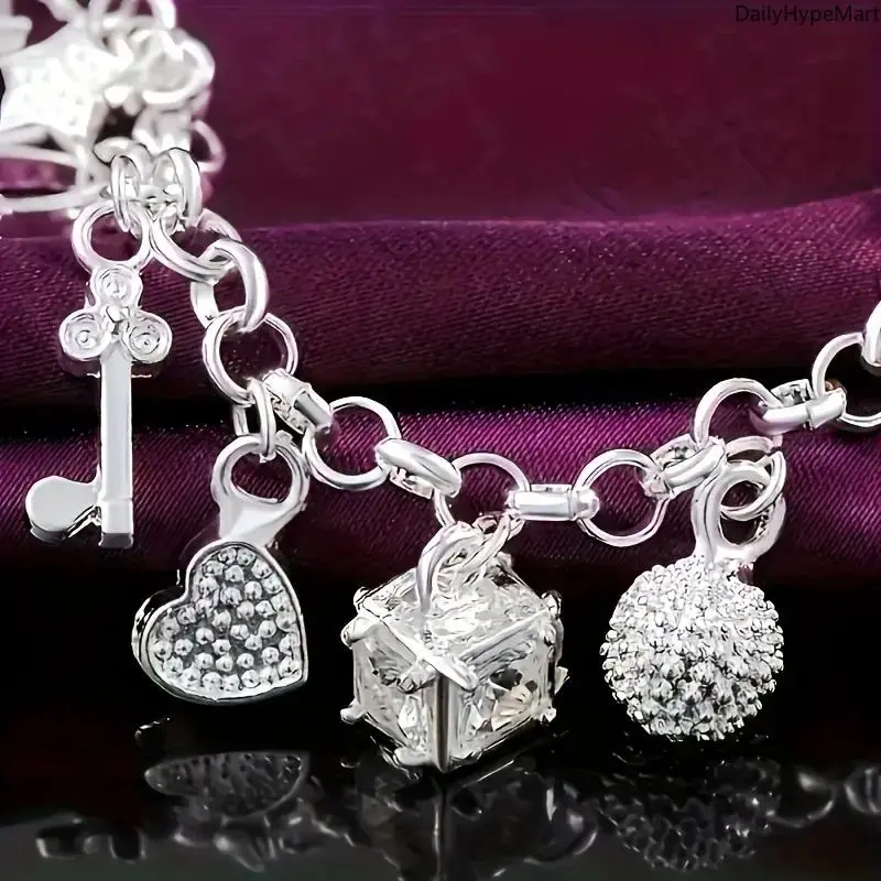 925 Sterling Silver Bohemian Bracelet for Women, Exquisite Jewelry with a Heart Key Pendant and 13 Charms, Elegant Fashion Accessory, Exquisite Bracelet, Jewelry Bracelet