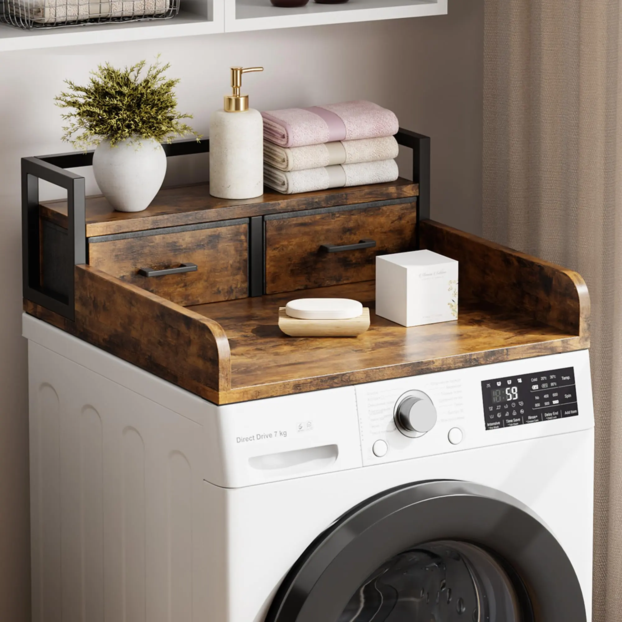 2-Tier Wooden Washer Dryer Countertop Organizer with Storage Shelf, Drawer, Folding Design, Guard Rails, Protective Edge & Non-Slip Pad for Detergents, Towels & Laundry Hamper Organizing