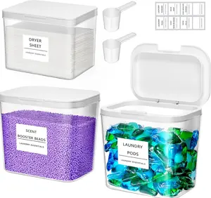 3-Piece Laundry Storage Set with Pop-Up Lids 2 Detergent Containers 1 Dryer Sheet Holder Labels & Scoops for Organized Laundry Room - Bottles, Hand