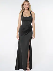 Azazie Mero Square Neck Keyhole Back Pleated Sheath Bridesmaid Wedding Ceremony Stretch Satin Dress SpringStatements