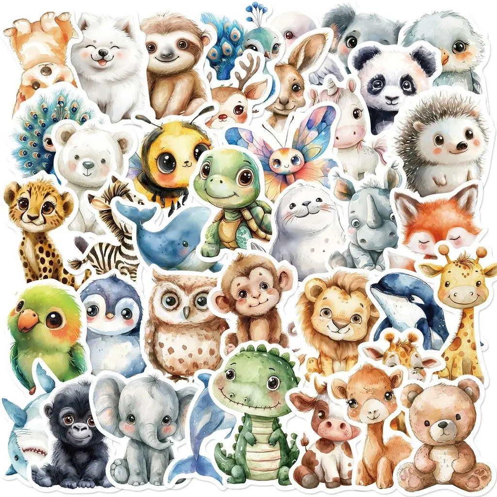 50Pcs Original Watercolor Animal Doodle Stickers - Art Stickers DIY Decor for Guitar/Tablet/Journal - Waterproof bulingbulingsticker Funny Stickers