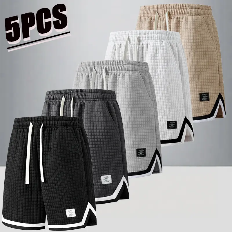 Men’s 5-Pack Summer Basketball Sports Waffle Shorts — Professional sports-casual style; breathable waffle fabric that stays cool and wicks sweat; drawstring elastic waistband for a loose, non-restricting fit; high-stretch relaxed cut allows for free movem