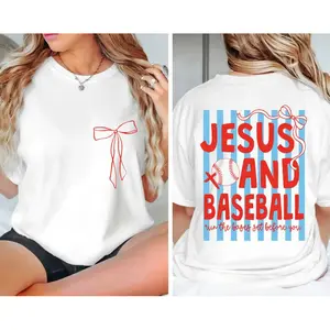 2 Sides Jesus and Baseball T-shirt, Christian Baseball Coquette T-shirt, Baseball Mom T-shirt, Game Day T-shirt, Trendy Preppy Christian Graphic,Men's Solid Color Crewneck Tee for Gym & Casual