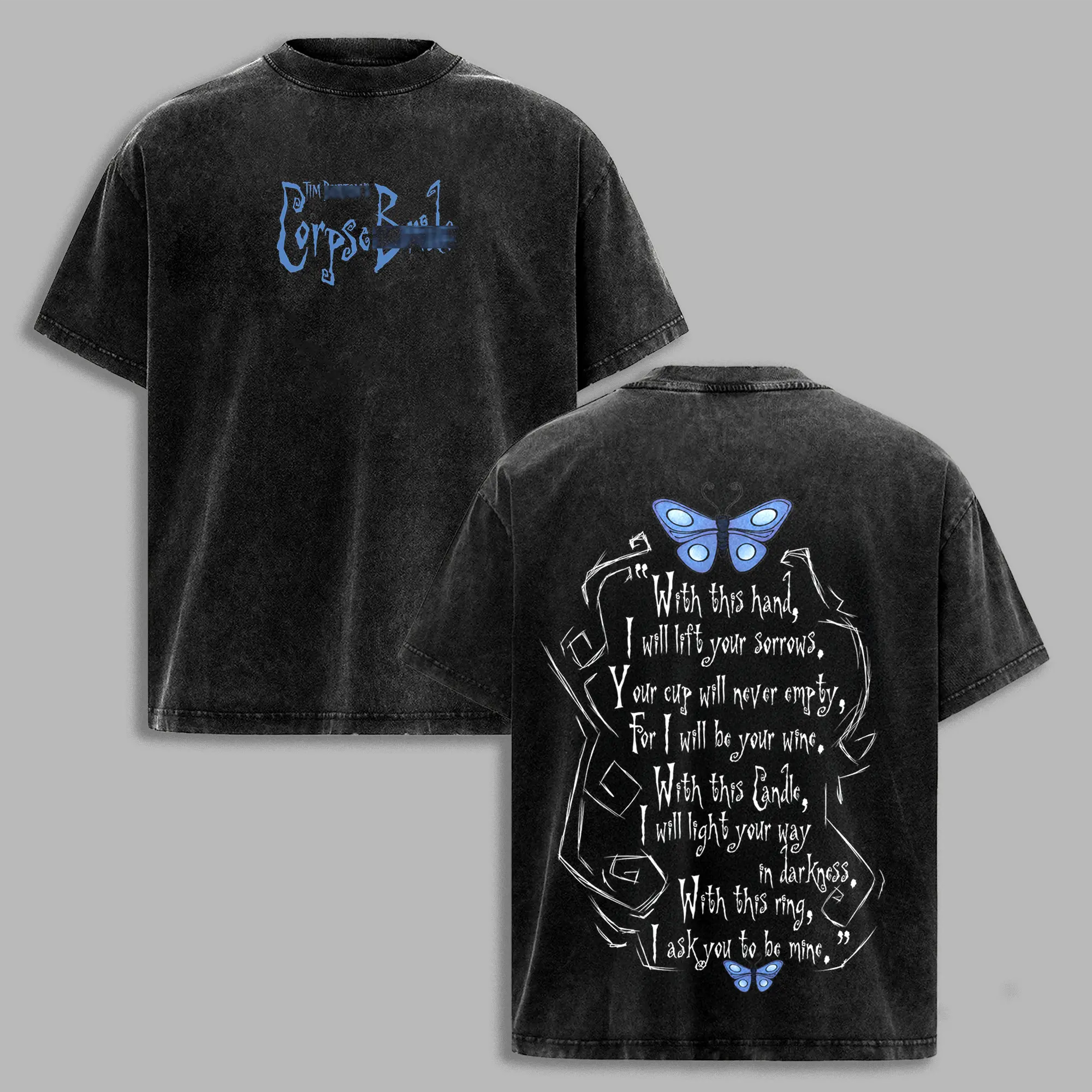 Corpse Bride Inspired Washed T-Shirt, Gothic Wedding Emily and Victor Vow Quote Graphic Tee, Blue Butterfly Back Print, Dark Romance Halloween Shirt