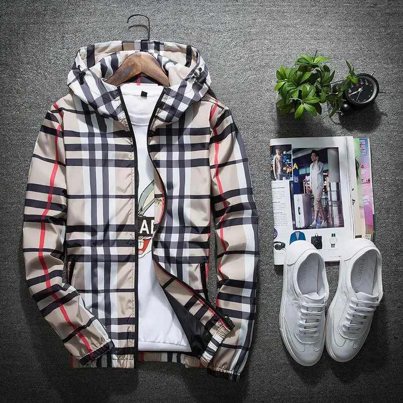 Men's Stylish Hooded Jacket, Personalized Colorblock Fashion Apparel, Lightweight Zip-Up Clothes for Spring & Autumn Wear, Casual, Male Clothing, Plaid