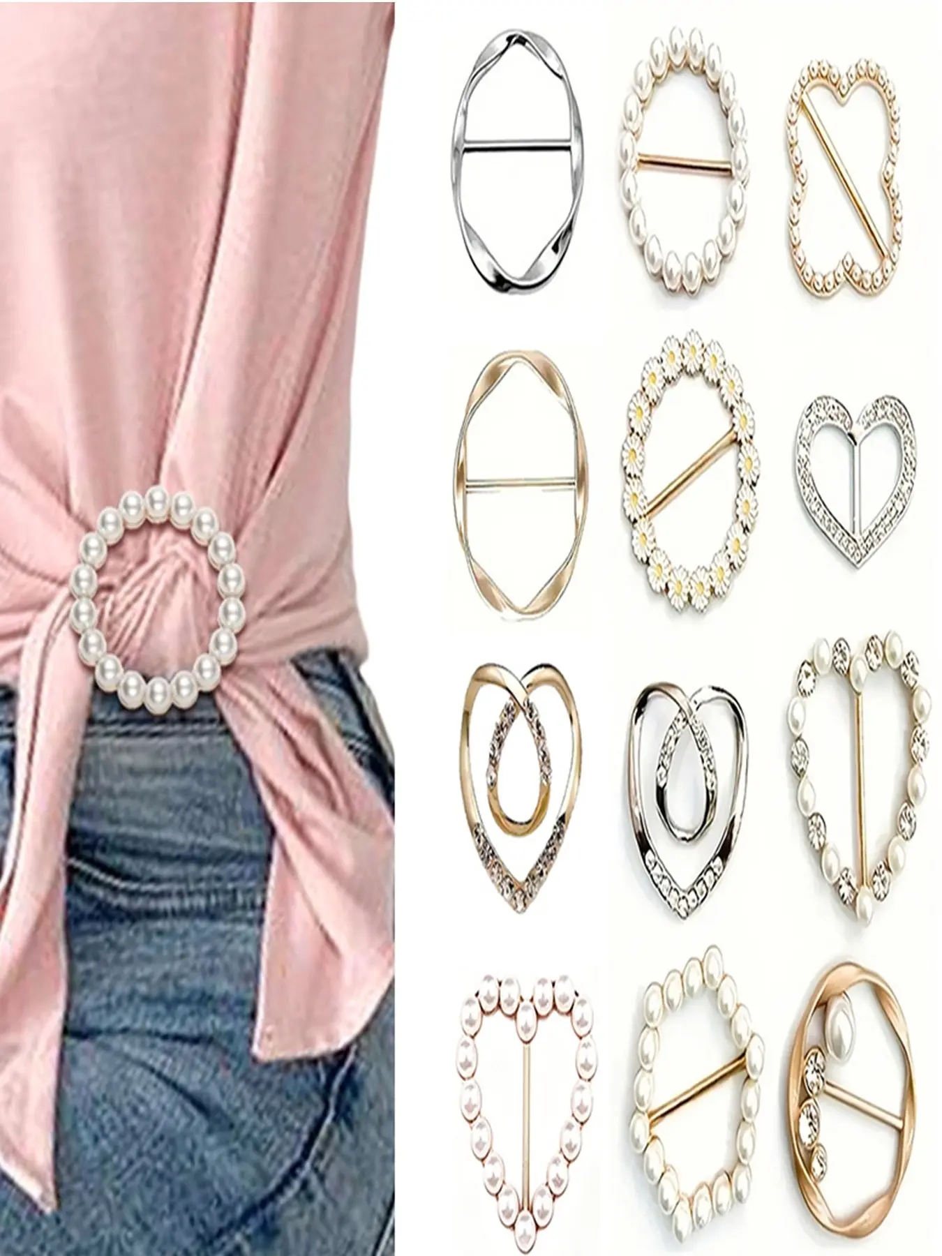 12-Piece Clothing Tie-Back Buckles, Round Pearl Brooches, Metal Pearl Hem Clips, Scarf Pins, Alloy Decorative Hooks, Floral Brooch, Flower Brooch, Fashion Accessories