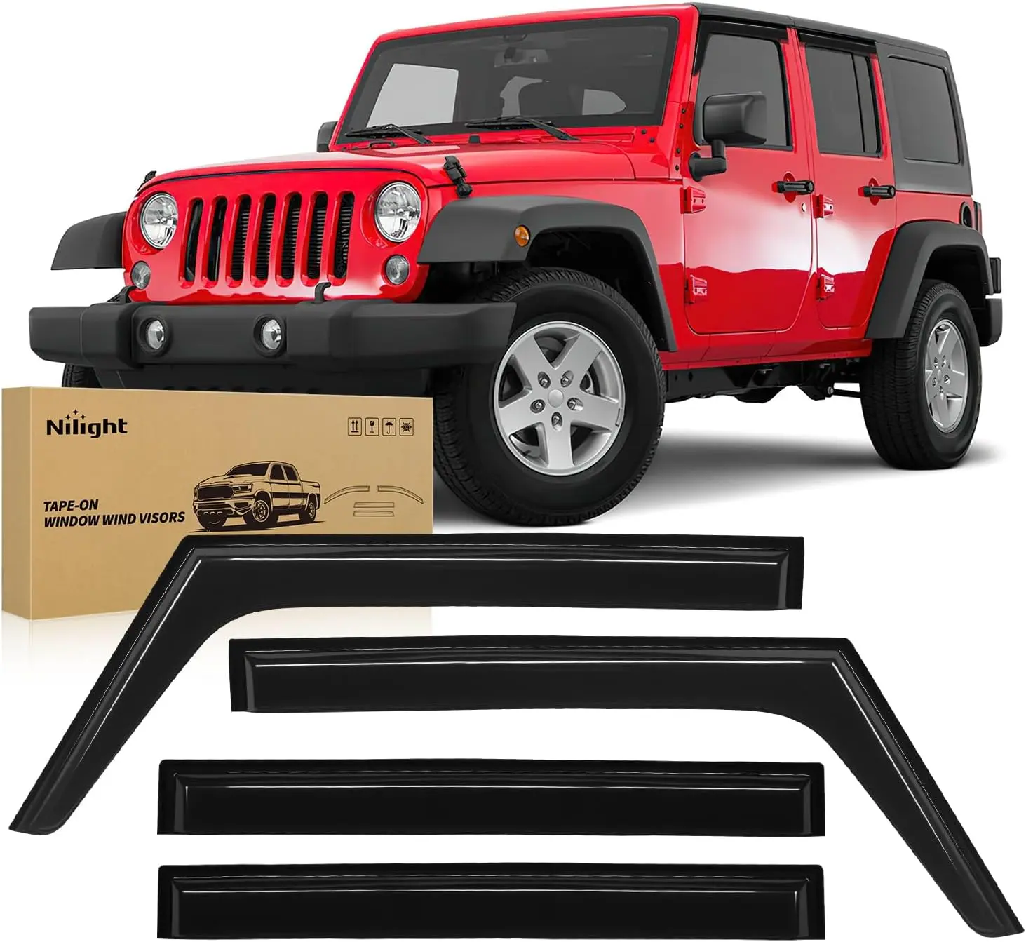 Nilight Automotive Tape-On Side Window Visor Deflector Set of 4 - Heat Bonded Exterior Accessories for Jeep Wrangler JK 2007-2018, Keeps Rain Out, Enables Fog Prevention, Reduces Wind Noise, Acrylic