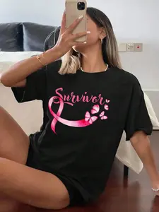 Breast Cancer Awareness Pink Butterflies Band Survivors Print T-Shirt Casual Crew Neck Short Sleeve Comfort Tee Top For Spring & Summer Women's Clothing