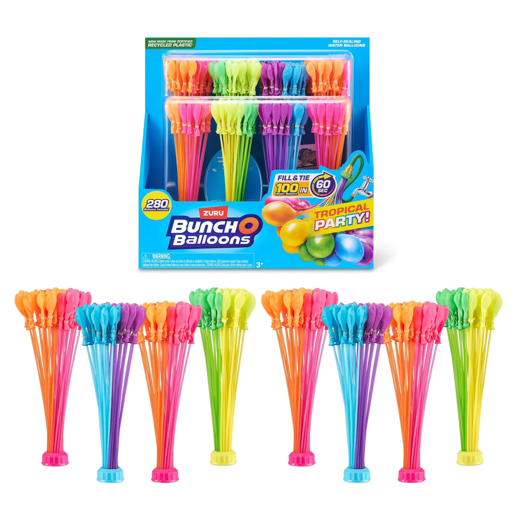 ZURU Bunch O Balloons Tropical Party Rapid-Filling Self-Sealing Water Balloons For Outdoor Game 280ct 8 Pack Box