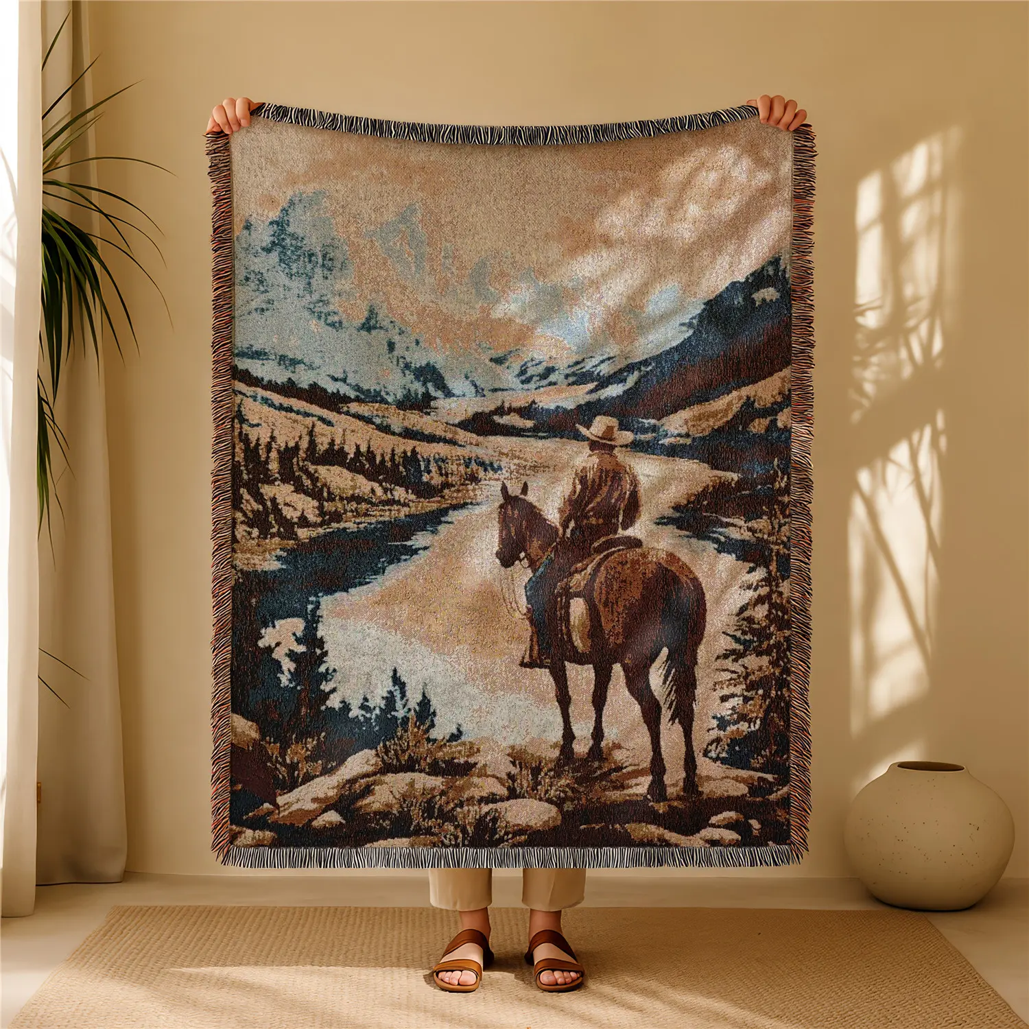 Cowboy Pattern Bohemian Yarn Jacquard Woven Home Textile Blanket with Tassel, Thick Soft Washable Blanket, Used for Home Decor Sofa Chair Bed Tapestry Tablecloth Floor Garden Picnic Outdoor Camping, Throw Blanket