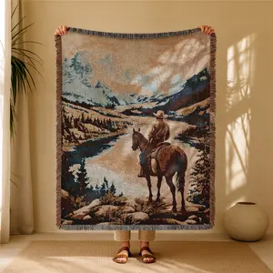 Cowboy Pattern Bohemian Yarn Jacquard Woven Blanket with Tassel, Thick Soft Washable Blanket, Used for Home Decor Sofa Chair Bed Tapestry Tablecloth Floor Garden Picnic Outdoor Camping, Throw Blanket