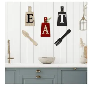 Cutting Board Eat Sign Set Hanging Art Kitchen Eat Sign Fork and Spoon Wall Decor Rustic Primitive Country Farmhouse Kitchen Decor for Home Decoration