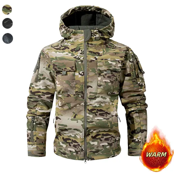Men’s Fitted Camouflage Polyester Fleece Tactical Jacket - Hooded, Multi-Pocket, Windproof, Warm Hunt Gear, Outdoor Utilitarian Men's Fleece Jackets, Utility Workwear for Outdoor Exploration, Mountaineering