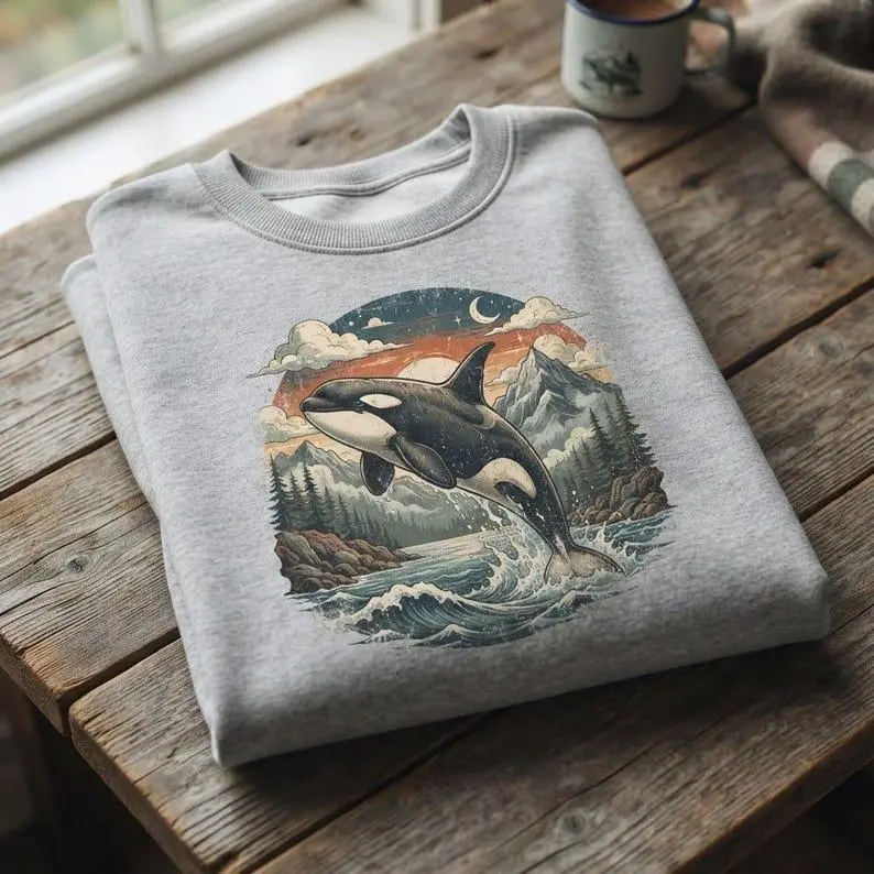 Vintage Shirt Orca Sweatshirt Killer Whale Ocean Sea Life Nature Sunset Retro Distressed Graphic Tee Oversized Hoodie Gift For Ocean Lover