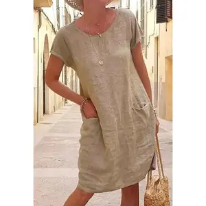 New stylePlus Size 5XL Vintage Cotton And Linen Dress's Summer Short Sleeve Round Neck A-Line Dress Casual Pockets Holiday Vestidos