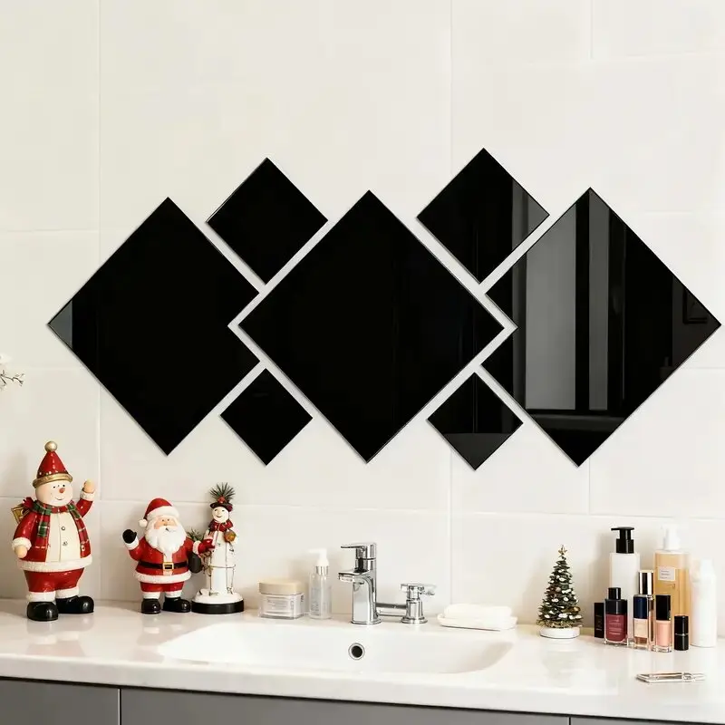 7pcs Black diamond shaped self-adhesive acrylic mirror Decorative Wall Sticker, Decorative stickers, with anti shatter tape, no drilling, high-definition, suitable for bathroom, Home Decor, Decoration Items