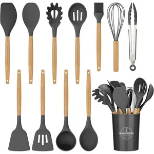 Silicone Kitchen Utensils Set 12 Pcs Non-Stick Cooking Utensils Set Sturdy Insulation Wooden Handle Kitchen Accessories for Cooking with Spatula Set and Spoons Set Gadgets