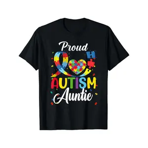 Women's 100% Cotton Shortsleeve Graphics Tshirt - Round Neck, Autism Auntie Proud Print, Colorful Puzzle Piece Design, Everyday Casual Fit, Gentle Fabric, Machine Washable, Made in USA, Autism-Friendly Women's T-Shirts, Clothes