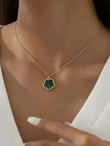 1pc Elegant Lucky Clover Pendant Necklace for Women, Gold Plated Chain with Black, Green & White Rhinestone Inlay, Perfect Gift for Daily Wear, Party & Valentine’s Day