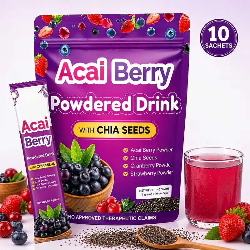Acai Berry Drink Powder Packets - 10 Individual Smooth Fruity Easy-to-Drink Sachets with Chia Seeds, Quick Berry Mix Instant Blend (Cranberry, Strawberry) for Travel, Adults, Quick Easy Daily Beverage