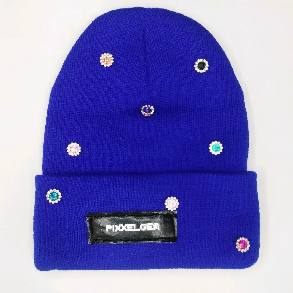 Pixxelgem Rhinestone Knit Beanie Blue with Colorful Rhinestones and Pixxelgem Logo