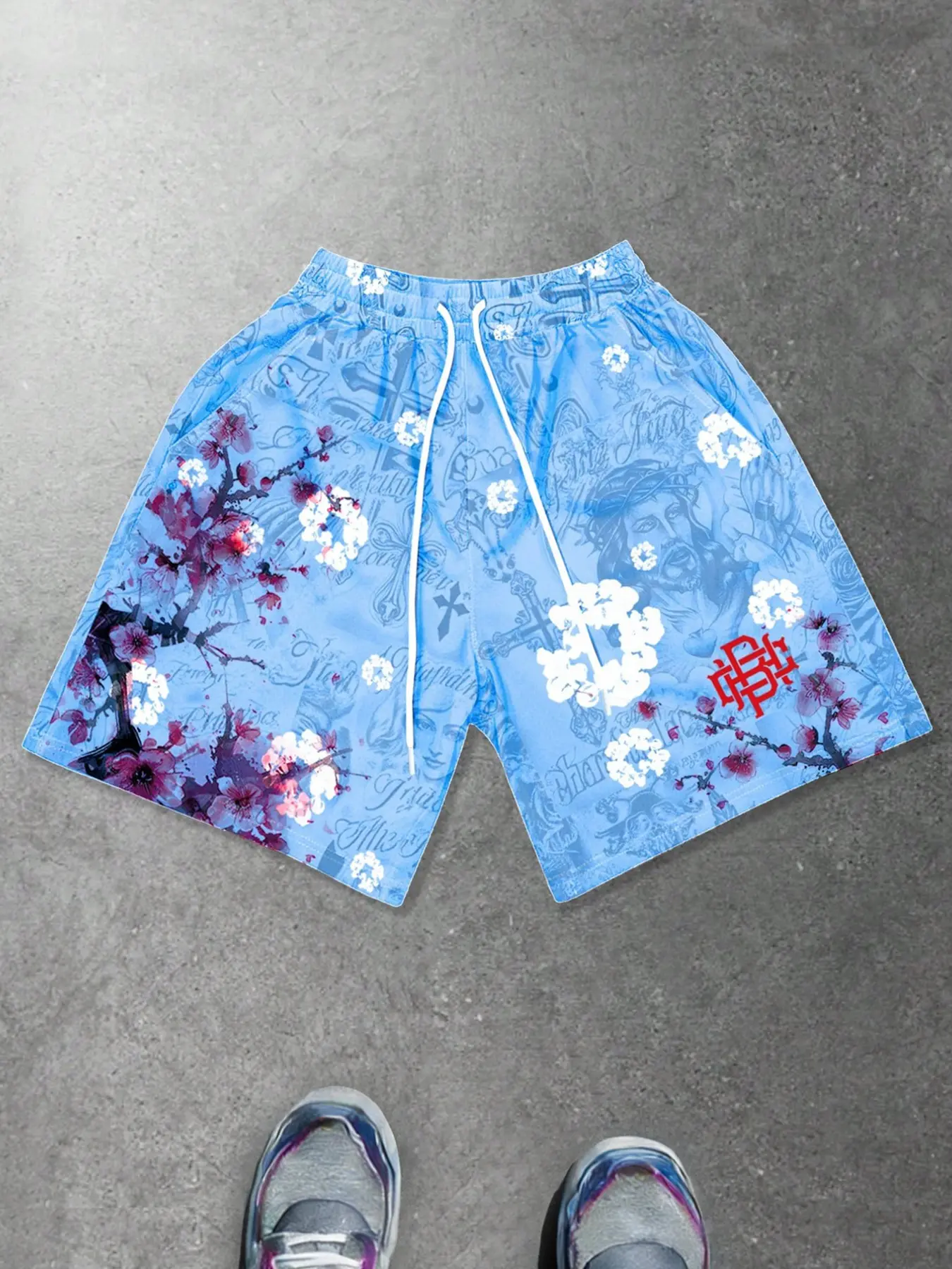 Cross Jesus shorts for men, Christian print cross summer beach pants for both men and women, European and American trend Drawstring Casual Wear Shorts, floral geometric Graphic Print shorts 2026 bottom pants aesthetic light blue