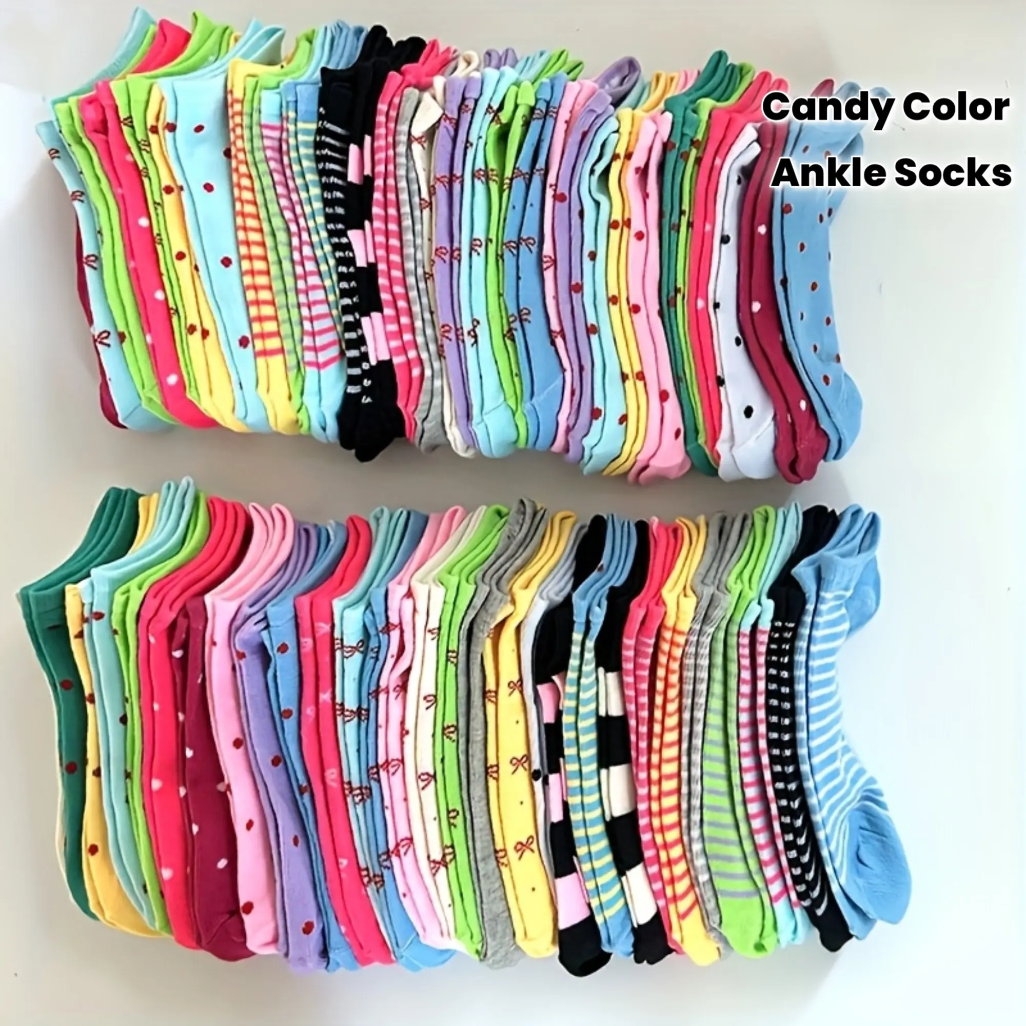 Women's Basic Ankle Socks - 10/20/40/100 Pairs Bundle, 20pairs Mix, Candy Color, Heart Bows, Striped, Dot, Soft Comfortable, Valentine's Gift, Youthful Casual Footwear