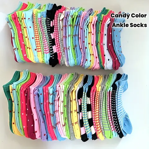 Women's Basic Ankle Socks - 10/20/40/100 Pairs Bundle, 20pairs Mix, Candy Color, Heart Bows, Striped, Dot, Soft Comfortable, Valentine's Gift, Youthful Casual Footwear,sohochic