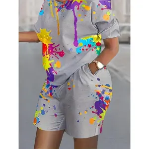 R4 Fashion Women's Two-Piece Trendy Set - Vibrant Splash Ink Print with Crew Neck Top & Pockets Shorts, Comfortable Outfit, Gray Casual Fabric - Chic Clothes Suits Womenswear Collar Spandex Fitted Shortsleeve