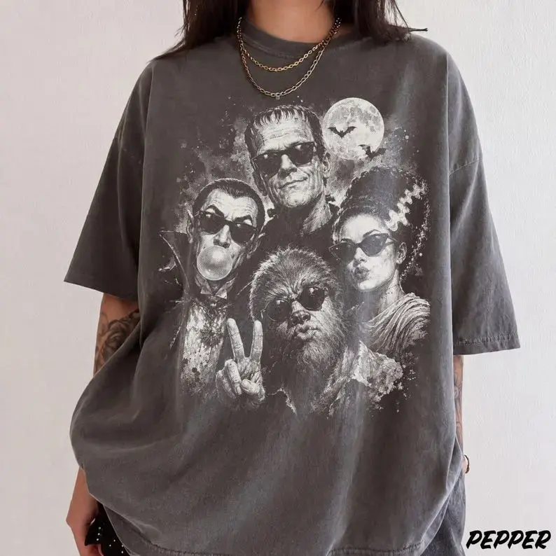 Retro Halloween Monster Selfie Comfort Colors Shirt, Vintage Spooky Monsters Graphic Tee, Funny Bubblegum Halloween T-Shirt, Halftone Fall Apparel