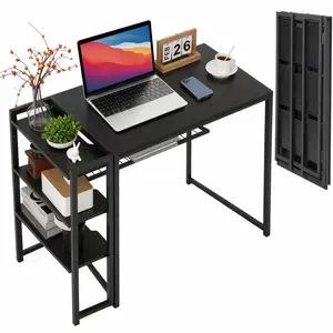 No Assembly Folding Computer Desk with Storage Shelf – 35 Inch Space-Saving Sturdy Writing Table for Bedroom, Home Office, Dorm, Apartment – collapsible Durable Laptop Desk, Black or Brow