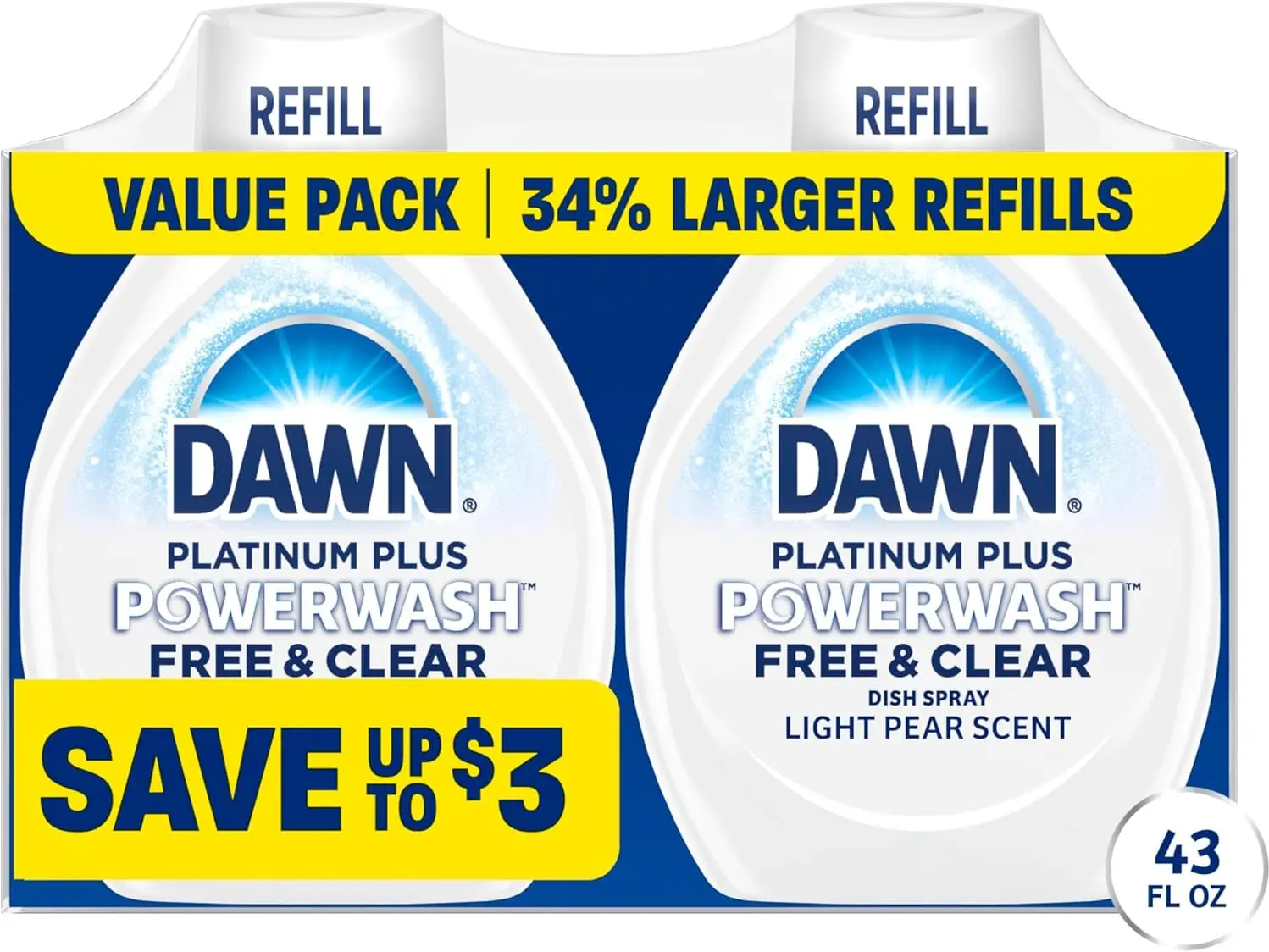 2 Refills, 43 Fl Oz Powerwash Spray Refill Dish Soap Dishwashing Liquid, Free & Clear