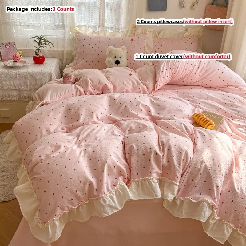 3pcs Polka Dot Ruffled Bedding Set, 1 PC Duvet Cover + 2 Pcs Pillowcases without comforter and pillow insert, Single Twin Double Queen Size, All Seasons Use, Comfy Bedding Sets
