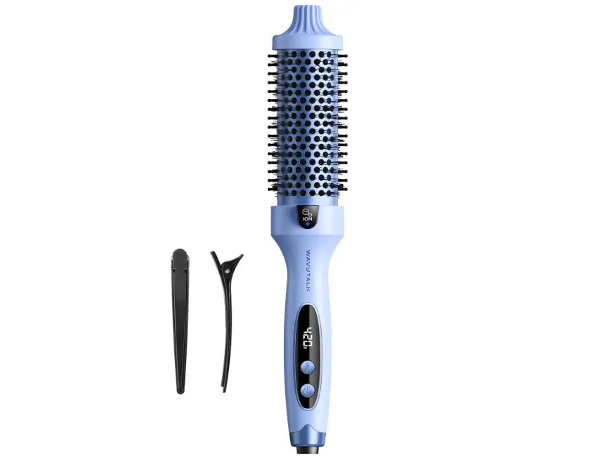 Wavytalk Thermal Brush Blowout Boost 1.5″ Heat Round Brush for Blowout Look | Negative Ion Technology, Tourmaline Ceramic, 5 Temperature Settings Dual Voltage, Less Damage, Blue