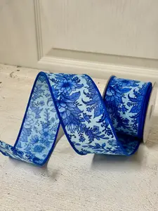 2.5 Inch By 10 Yard Blue Chinoiserie Florals Ribbon