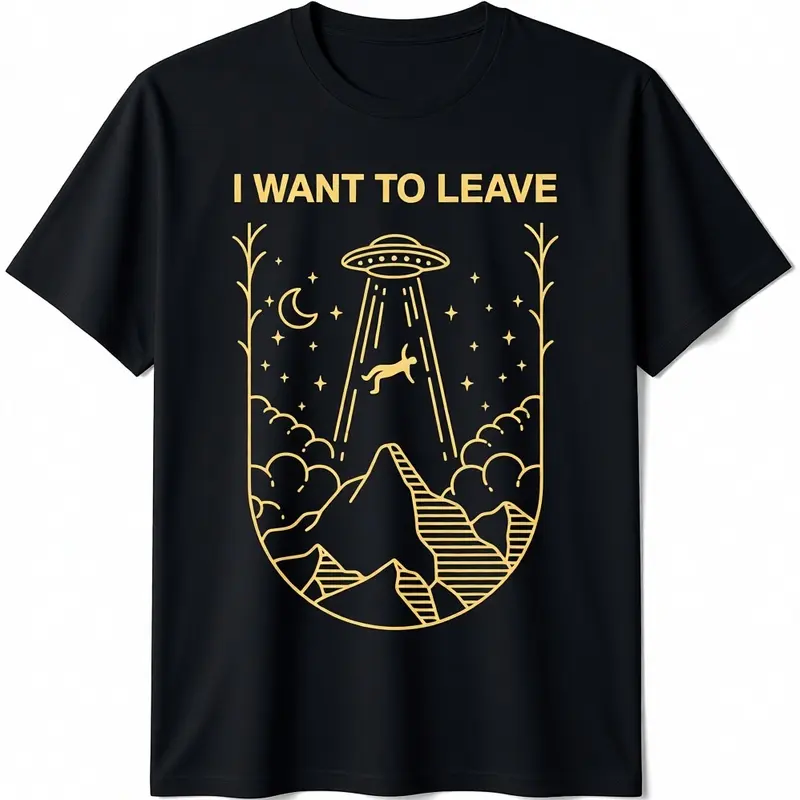 Men's Shortsleeve Round Neck Graphic Tshirt - Streetwear Casual Top for Alien Lovers, Vintage Funny Alien UFO Extraterrestrial "I Want To Leave" Design, Double Stitching, All-Season Menswear
