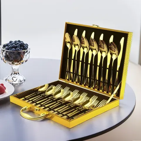 Stylish 30-Piece BPA-Free Golden Stainless Steel Cutlery Set - 6-Person Everyday Dinnerware Set, Sturdy Modern Mirror-Polished Knives Forks Spoons, Exquisite Wooden Gift Box, Wedding Gift Idea