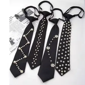 Black Elegant Pearl-Embellished Necktie Vintage-Inspired Baroque Button Details Unisex Academic Aesthetic Tie for Formal Uniform Wear