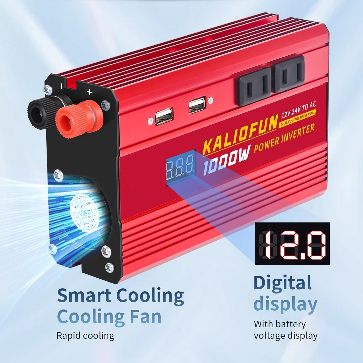 KALIOFUN 1000W Power Inverter Dual Voltage 12V/24V to AC 110V Universal for Camping with Overload Protection & Multiple USB Ports
