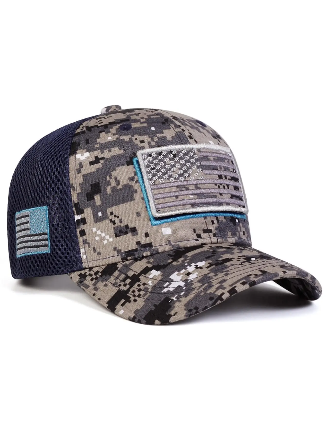 Camouflage USA Flag Baseball Cap! Unisex Adjustable Mesh Hat with Velcro Patch, Camo Trucker Hats