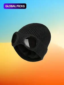 Unisex Solid Color Goggle Lens Design Beanie Hat, Casual Soft Comfortable Beanie for Fall & Winter, Fashion Accessories for Both Men & Women, Knitted Winter Hat, Fitted Hat